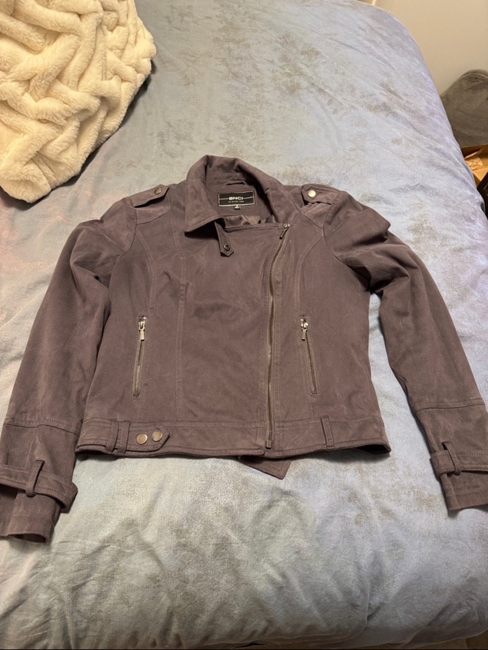 BCBGMaxazria Plum Suede Moto Jacket with Asymmetrical Zip